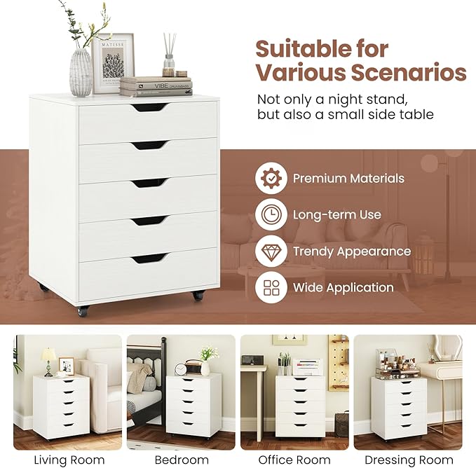 LOKO 5-Drawer Storage Cabinet, Versatile Drawer of Chest with Lockable Wheels, Mobile Office Lateral File Cabinet, for Home Office, Study (White, 16" D x 19.5" W x 25.5" H)