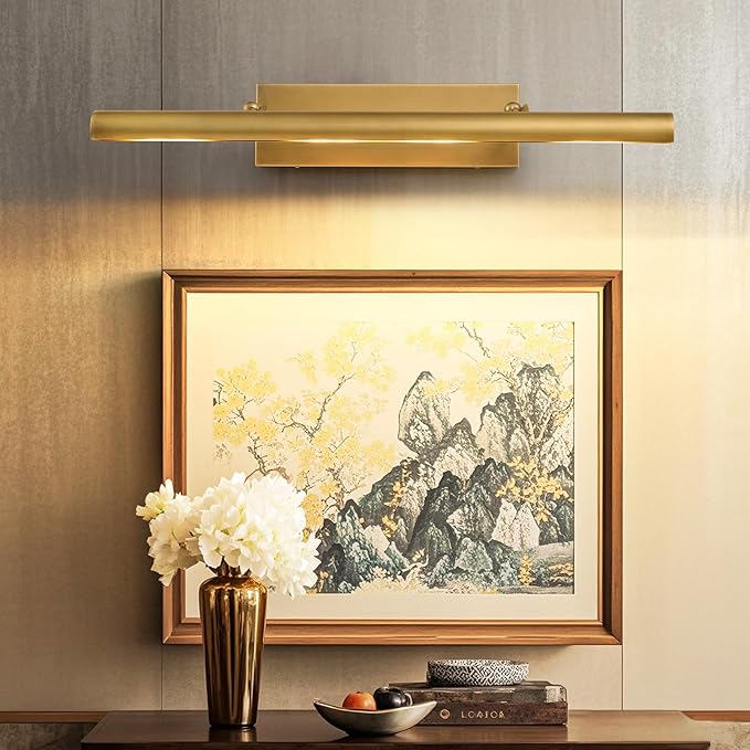 Brass Picture Light for Wall: 30" Hardwired Swing Arm Vintage Brushed Long Art Lighting over Pictures Frame - Decorative Gallery Portrait Painting Display Accent Light for Museum Artwork Bulb Included