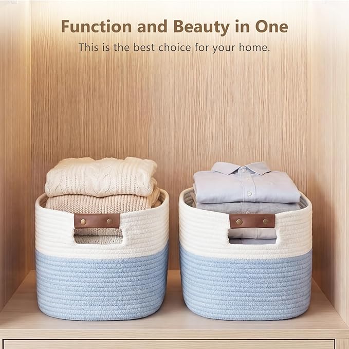 Cotton Rope Basket, Storage Baskets with Handle, 15x10x9 Inch Woven Basket for Shelves, Laundry, Towels, Clothes, Books (White/Blue 3Pack)