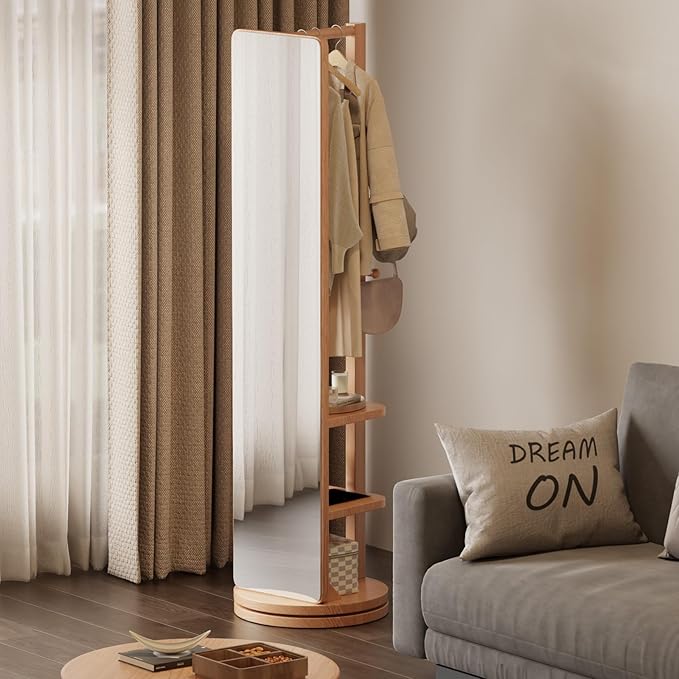 WoodsWhisper Full Length Mirror Coat Rack Solid Wood Floor Mirror 66"x12" Full Length Mirror with Stand Long Mirrors for Bedroom,Living Room