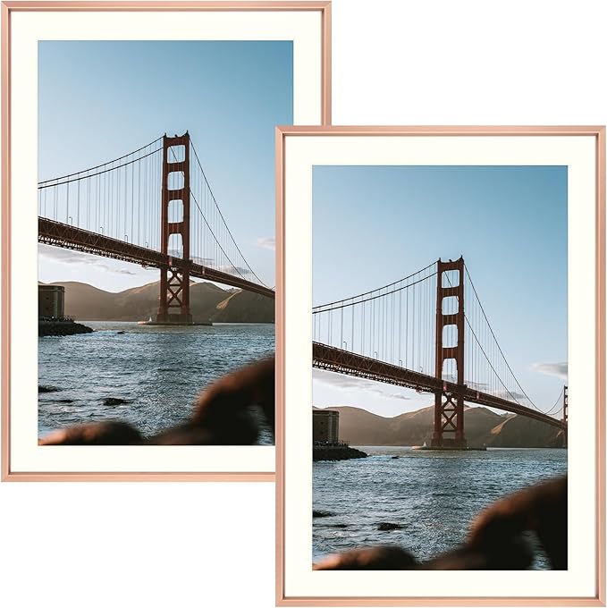 Frametory, 13x19 Metal Picture Frame with Mat for 11x17 Picture & Real Glass, Aluminum Photo Frame Collection (Rose Gold, 2 Pack)