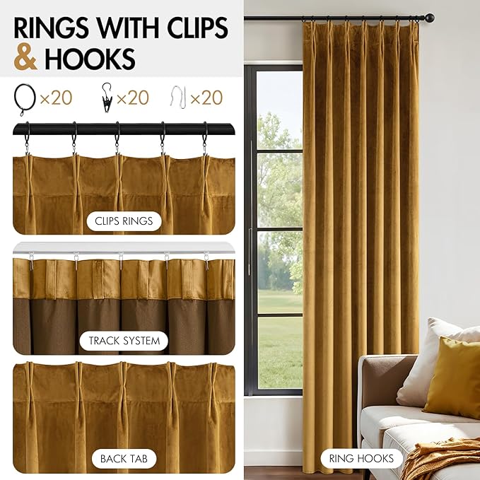 MIULEE Gold Velvet Blackout Curtains 90 inches Long, Pinch Pleated Drapes with Hooks, Thermal Insulated Pleat Design Luxury Panels for Living Room Bedroom, Set of 2