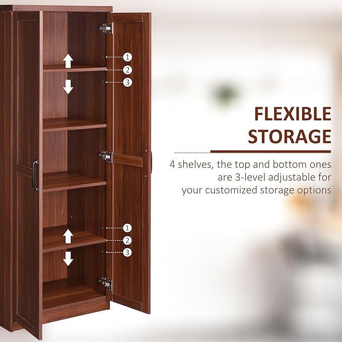 HOMCOM 63" 2-Door Kitchen Pantry, Freestanding Storage Cabinet with 5-Tier Shelving and 2 Adjustable Shelves for Dining Room, Brown