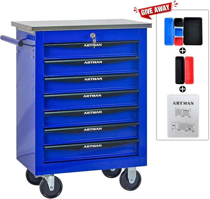 7-Drawer Heavy-Duty Rolling Tool Chest with Wheels & Steel Roof, Lockable Tool Chest Storage Cabinet for Garage, Workshop, Warehouse, and Repair Shop