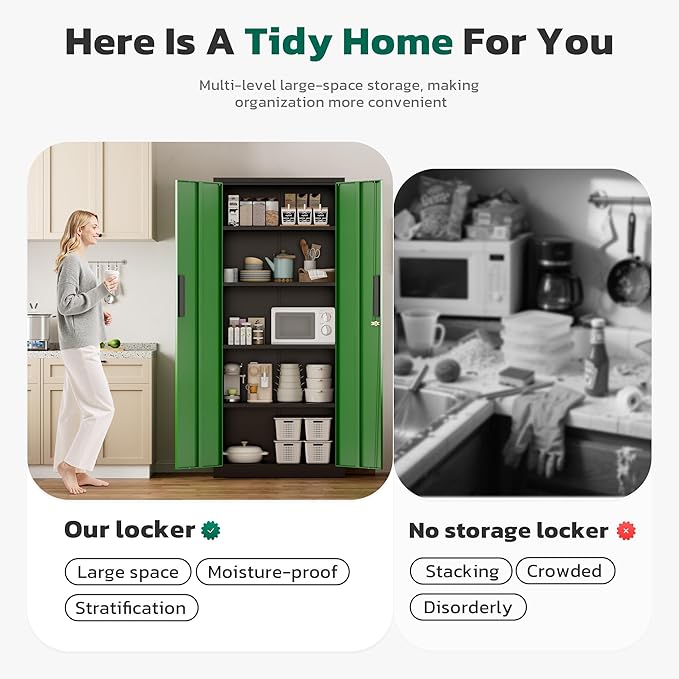 Greenvelly Metal Storage Cabinet, 63" H Locking Metal Storage Cabinet with Doors and 4 Shelves, Lockable Steel Cabinets for Kitchen, Bedroom, Living Room, Office (Green)