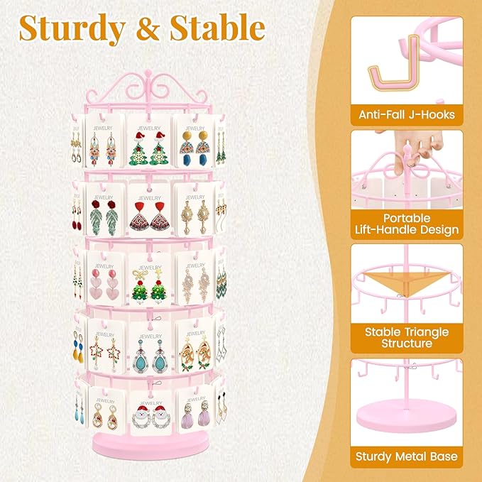 EsLuker.ly Earring Holder Organizer Rotating Display Tree Stand, Adjustable Height Earring Card Hanger Rack with 50 Hooks for Vendors Market Selling, 5 Tier Metal Jewelry Storage Tower, Pink
