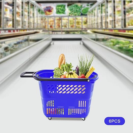 Rolling Shopping Baskets, 6PCS Shopping Carts 35L/9.2gal Plastic Rolling Shopping Basket with Wheels and Handle for Carrying and Storing Clothing Groceries (Blue)