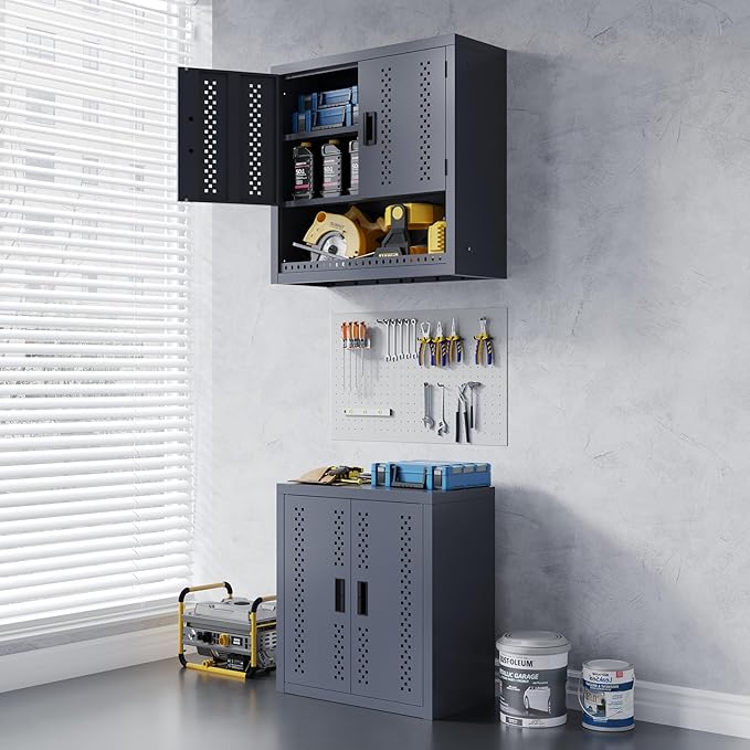 Metal Garage Wall Cabinet, Wall Mounted Storage Cabinets with Doors, Floating Steel Cabinet with Adjustable Shelves and Open Drawer, Heavy-Duty Tool Organizer for Warehouse, Basement, Kitchen