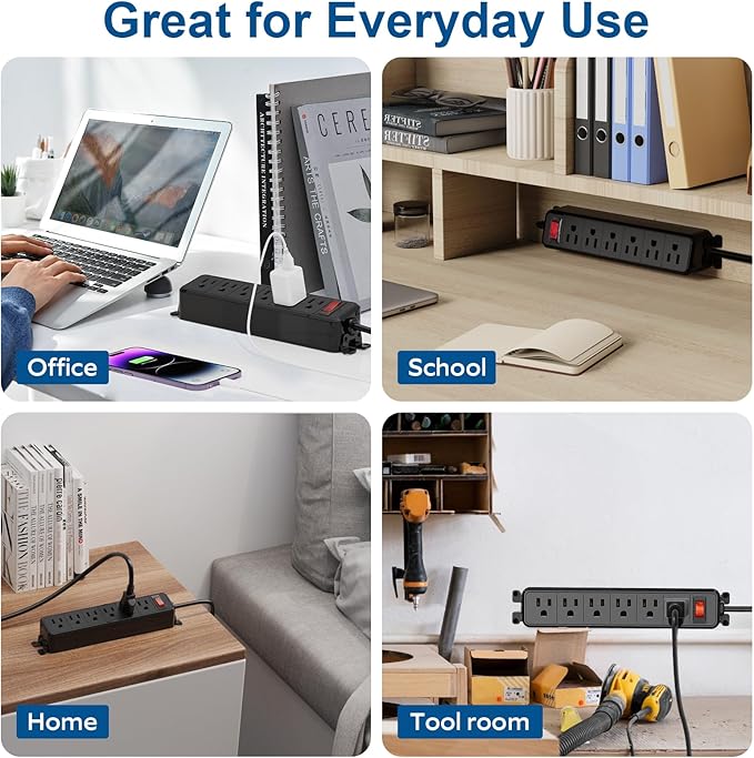 Wall Mount Power Strip,Flat Plug Power Strip with Switch,10ft Extension Cord,6 Outlets, Flexible Installation for Home, Office,and School,ETL Listed,Black (10ft,6 outlets)