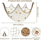 80x40 Inch Decorative Fishing Net w/Shells & Clips, 3mm Brown Natural Cotton Large Photo Hanging Fishnet, Wall Halloween Party Decorations for Nautical Pirate Hawaii Underwater Mermaid Themed Party
