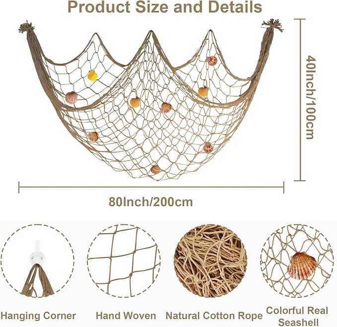 80x40 Inch Decorative Fishing Net w/Shells & Clips, 3mm Brown Natural Cotton Large Photo Hanging Fishnet, Wall Halloween Party Decorations for Nautical Pirate Hawaii Underwater Mermaid Themed Party