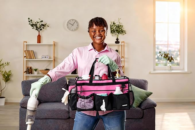 Extra-Large Cleaning Caddy With Detachable Divider,Cleaning Caddy For Cleaning Supplies Large Cleaning Supply Caddy With Adjustable Shoulder Strap & Waist Belt For Cleaners