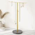 Gold Necklace Holder Jewelry Organizer Stand – Adjustable Height T‑Bar Jewelry Display with Dark Gray Marble Base, Necklace & Bracelet Holder, Countertop Jewelry Stand