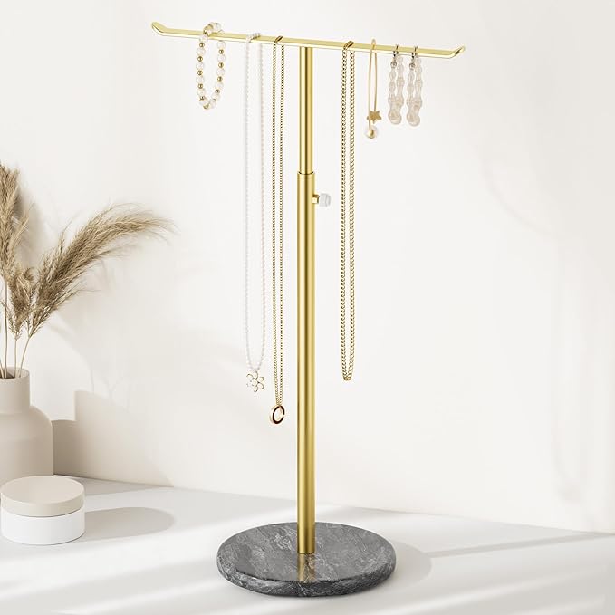 Gold Necklace Holder Jewelry Organizer Stand – Adjustable Height T‑Bar Jewelry Display with Dark Gray Marble Base, Necklace & Bracelet Holder, Countertop Jewelry Stand
