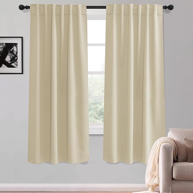 KGORGE 63 inch Curtains 2 Panel Set, Privacy Thermal Insulation Noise Reducing Room Darkening Drapes for Kids Room Nusery Office, Back Tab Rod Pocket, W52 x L63 inches, Biscotti Beige, 2 Panels