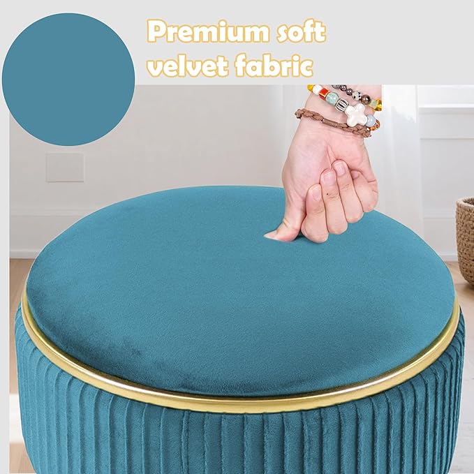 Adjustable Vanity Stool with Storage, 360° Swivel Makeup Stool Chair Small Velvet Round Ottoman with Gold Base for Bedroom (Blue)