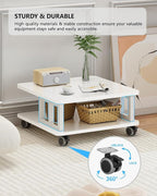 Mobile Printer Stand, 2-Tier Large Printer Shelf for Laser 3D Printer Office Machine with Storage, 23.6"x23.6" Wood Printer Cart Under Desk Rack with Wheels for Office Home Kitchen (White)