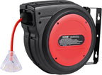 VEVOR 80FT Retractable Extension Cord Reel, 12AWG/3C SJTOW Heavy Duty Power Cord w/Lighted Electrical Triple Tap Outlets, 15A Circuit Breaker,180° Swivel Bracket for Workshop or Garage, Red