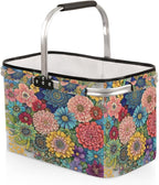 Flowers Collapsible Market Basket, Colorful Floral Leakproof Folding Collapsible Portable Picnic Basket Strong Aluminum Frame for Travel, Shopping, Camping & Lake Trips