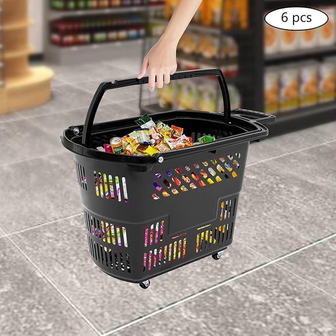 6PCS 35L Rolling Shopping Baskets with Wheels Portable Grocery Basket Set with Handles Plastic Shopping Cart for Supermarkets, Retail Stores, Bookstores (Black)