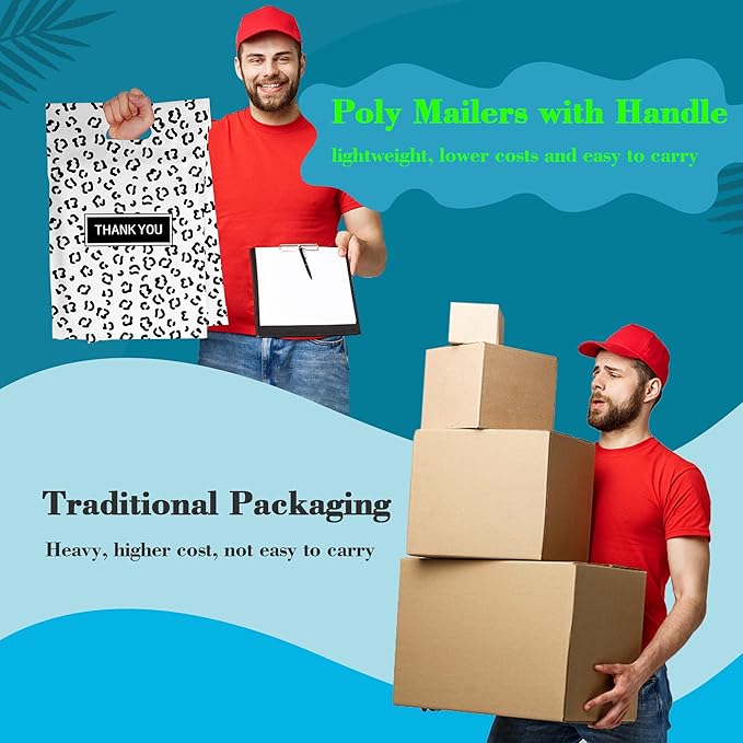 JinRuiKJ Poly Mailers with Handle 12x15.5 Inch 50 Pcs, Easy to Carry Packaging Bags for Small Business, Thank You Shipping Bags with Self Adhesive Strip, Tearproof and Waterproof - Black leopard