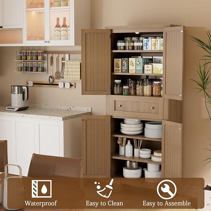 72 inch Kitchen Pantry Storage Cabinet, Freestanding Pantry Cabinet, Tall Cabinets with Doors and Shelves,Freestanding Cupboard with Adjustable Shelves for Dining Room，Natural