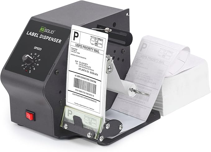 U.S. Solid Automatic Label Dispenser for Long Rolls and Fanfold Labels - Transparent and Opaque - Adjustable Speed - Core Sizes 1", 1.5", 3" - Width 0.2-4.7 in - Max. Roll 11 in