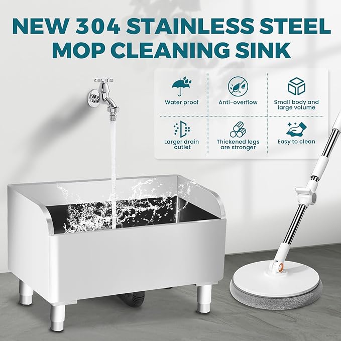 Commercial Mop Sink 304 Stainless Steel Floor Sink with Deep Basin, Anti-Splash Design & Quick Drainage Heavy-Duty Mop Service Basin for Kitchen, Laundry, Garage, Restaurant (23.6''×16.1''×21.6'')
