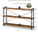 HCHQHS Bookshelf, 3-Tier Long Industrial Bookcase, Rustic Open Book Shelf, Freestanding Horizontal Bookshelves with Metal Frame