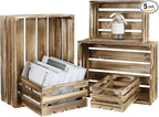 5-Piece Farmhouse Wooden Crate Set - Rustic Wooden Crates for Display and Storage, Large Torched Decorative Crates, Farmhouse Apple Crates, Painted Wood Crates for Decor