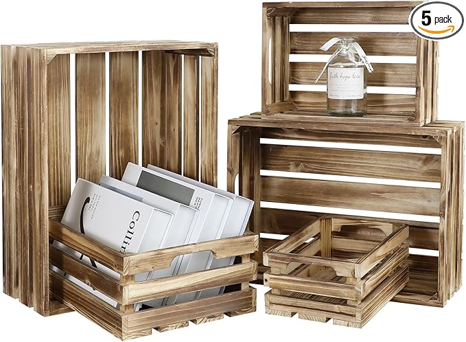 5-Piece Farmhouse Wooden Crate Set - Rustic Wooden Crates for Display and Storage, Large Torched Decorative Crates, Farmhouse Apple Crates, Painted Wood Crates for Decor