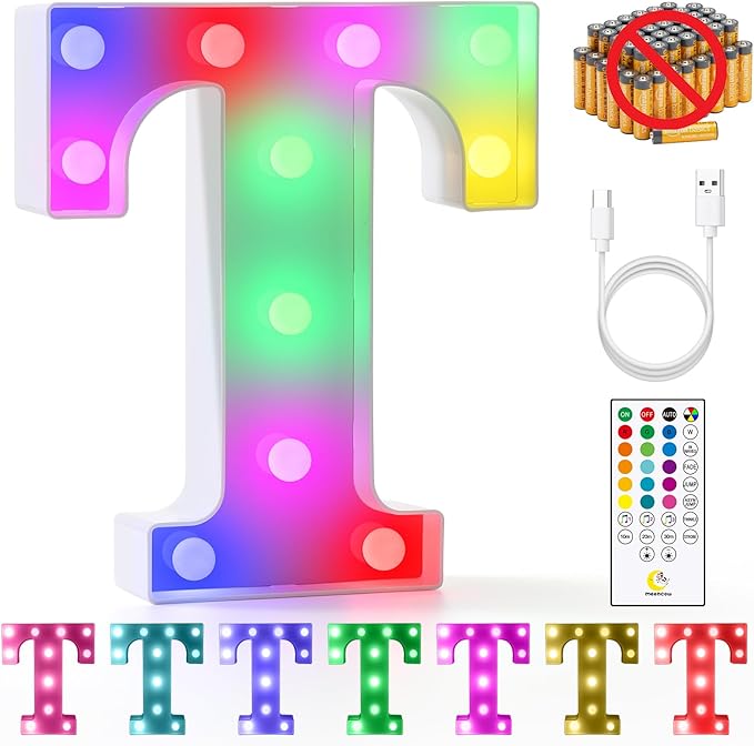 mooncow Rechargeable Light Up Letters,Colorful Marquee Letters with Remote,Gift Wrap Gifts,Bedroom Home Bar Party Decor (T)