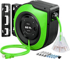 DEWENWILS Retractable Cord Reel, 60FT Heavy Duty Extension Cord, 12AWG/3C SJTOW, 3 Grounded Outlets Lighted Triple Tap, 15A Circuit Breaker, Wall/Ceiling Mounted for Garage, Workshop, UL Listed, Green