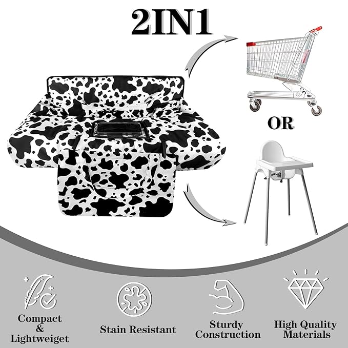 Shopping Cart Cover for Baby 2-in-1 High Chair Cover with Safety Harness Multifunctional Dark Black White Cow Pattern Cart Covers for Babies Soft Padded Grocery Cart Cover for Baby Boy Girl