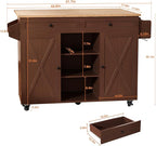 HLR Kitchen Island On Wheels, Brown Rolling Kitchen Island Cart with Solid Wood Drop Leaf Breakfast Bar, Barn Door Kitchen Islands with Storage Cabinet and Tower Rack, Island Table for Kitchen