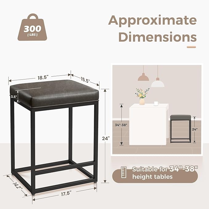 MAISON ARTS Counter Height 24" Bar Stools Set of 2 for Kitchen Counter Backless Modern Barstools Industrial Upholstered Faux Leather Stools Farmhouse Island Chairs, (24 Inch, Grey)