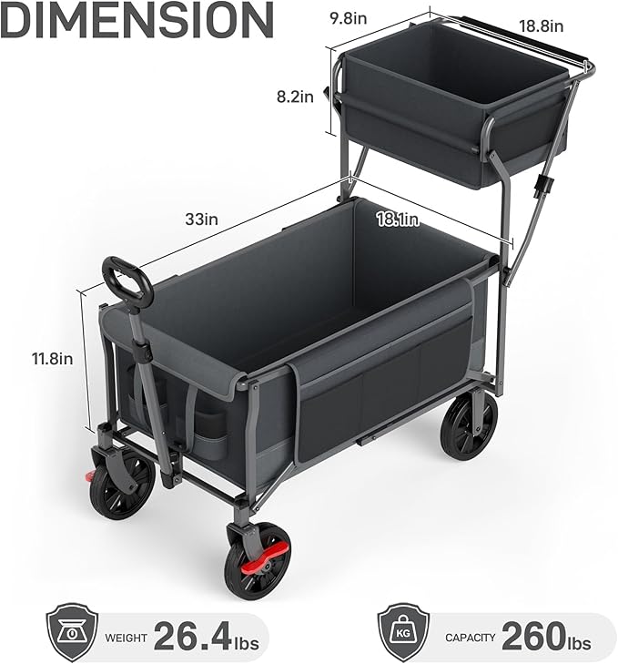 EVER ADVANCED Collapsible Push & Pull Shopping Cart with Wheels & Brakes, Foldable Wagon for Groceries with Practical Basket, Side Pockets & Cup Holders, Beach Utility Rolling Cart for Camping, Grey