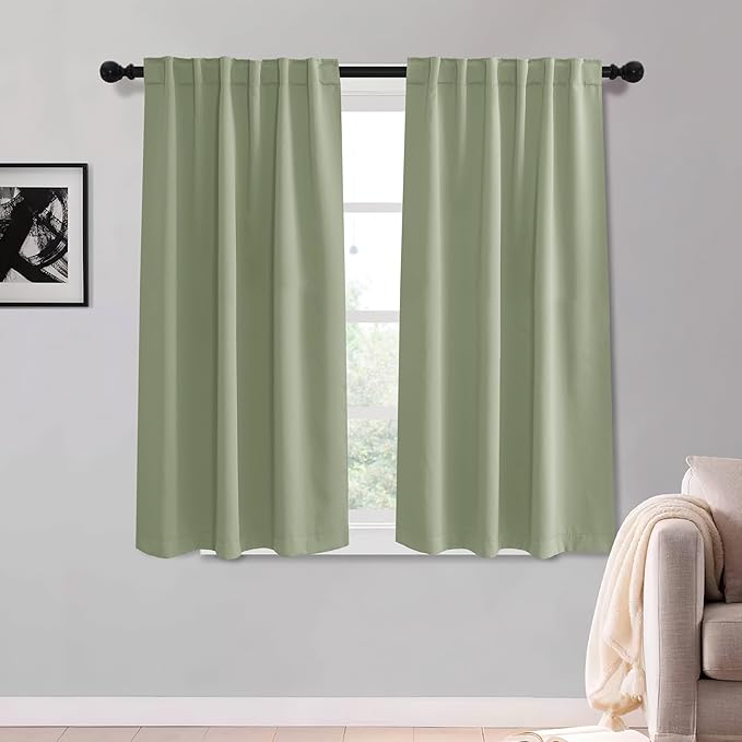 KGORGE Room Darkening Curtains 54 inch Length, Privacy Thermal Insulated Noise Reducing Small Window Treatments for Bedroom Kitchen, Back Tab Rod Pocket, W52 x L54 inches, Sage Green, 2 Panels