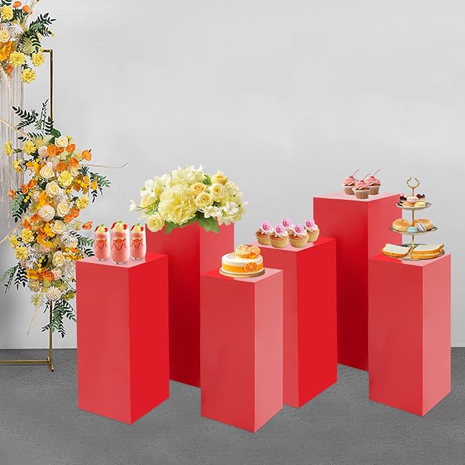 6Pcs Metal Display Pedestal Stands, Square Flower Display Pillars Rack for Wedding Party Decor, Dessert Table Display Cake Plant, Column Decorative Cube (Red, 6PCS)