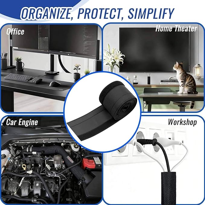 1/2" - 6.6FT Chew Proof Cat Cord Protector（Hook & Loop Split Sleeve for Pets - Cat/Dog Proof Cable Management Sleeve for Office USB Computer Audio Cables, Flexible Wire Cover - Black