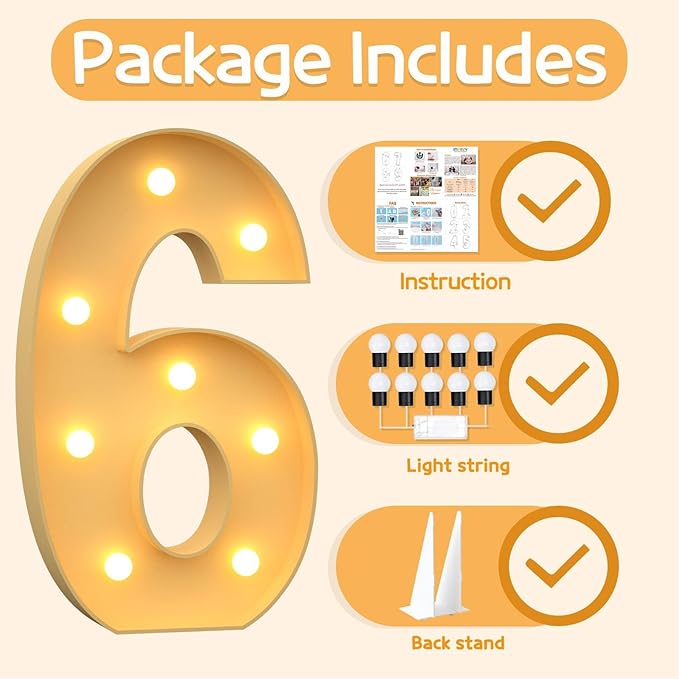 Marquee Numbers 3 Feet Tall Large Light Up Numbers 6th 16th Sweet Sassy and Six Birthday Decorations Big Yellow Light Outdoor Anniversary Decorations Balloon Arch Kit Party Backdrop 6