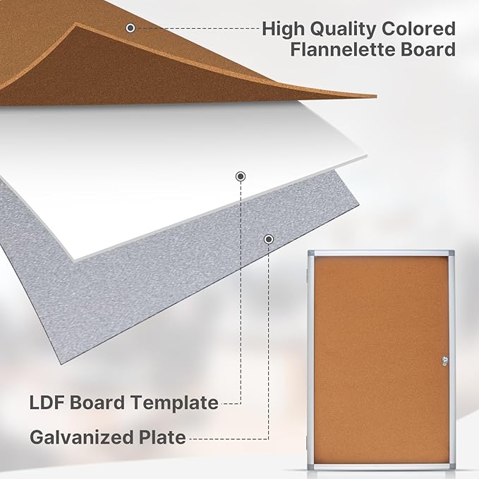 Enclosed Cork Bulletin Board Tamper-Proof Dispaly Case, Aluminium Frame, All-Weather Cork Noticeboard, Outdoor Enclosed Cork Board for School, Office, Restaurant, Hospital (38 X 26 Inches)