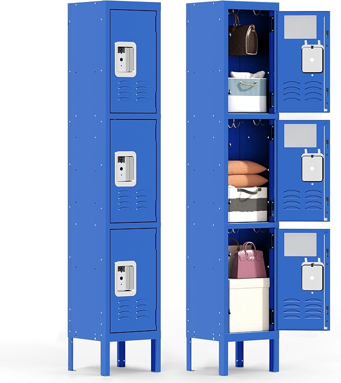 3 Doors Locker for Employees, Metal Locker Storage Cabinet for Home Office School Gym, Lockable, Require Assembly(Blue)