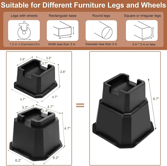 shouwuhho Bed Risers 6 inch, Furniture Risers Elevation in Heights 6 Inch Heavy Duty, Bed Lift Risers for Caster Wheels or Posts of Bed Table Couch, Support up to 6000 lbs, Black, 4 Pack