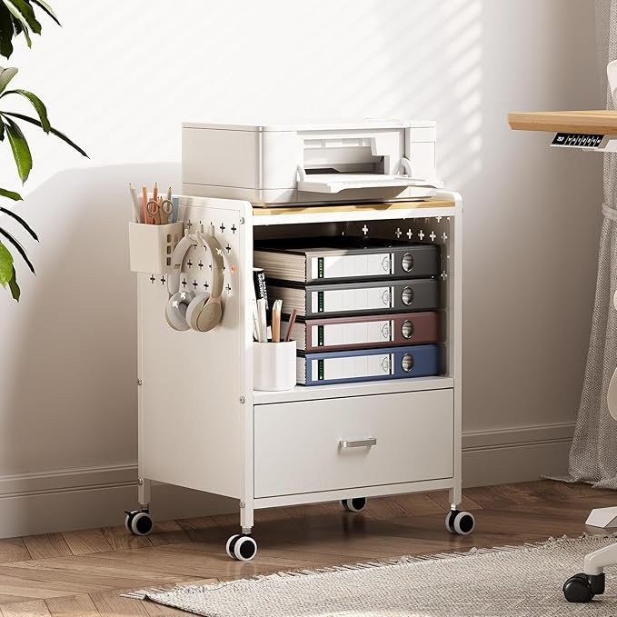 TOOLF 1-Drawer Mobile File Cabinet with Wheels, MDF Wooden Panel Printer Stand with Adjustable Shelves, 2 Storage Bins & 4 Hooks, Home Office Organization