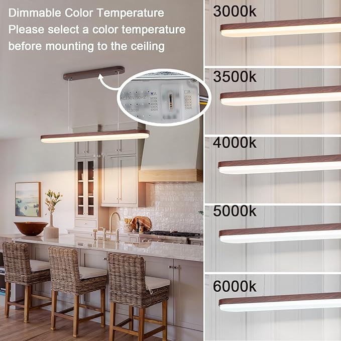 EDISLIVE Modern Linear LED Island Light Dimmable LED Chandelier 38.6 in Adjustable Linear Hanging Light Fixture 3000K-6500K 37W Pendant Light with Iron Acrylic for Dinning Room Kitchen，Walnut Brown
