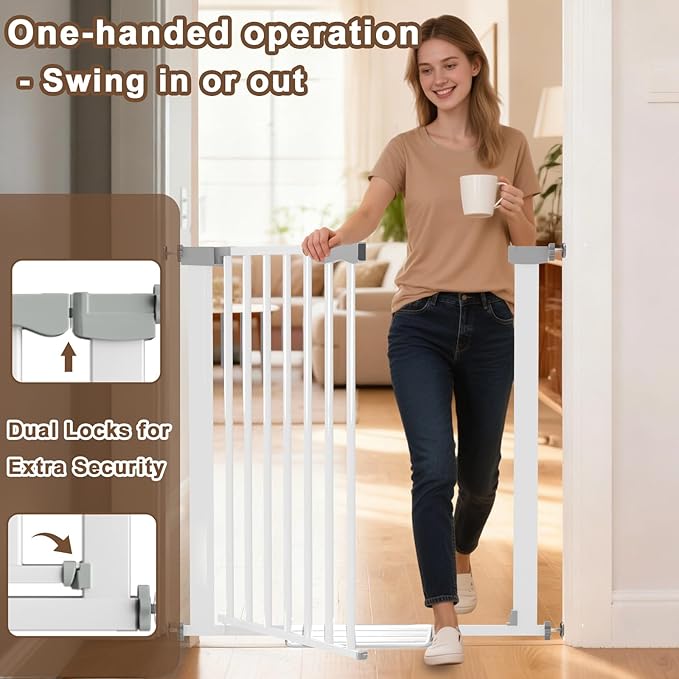 41'' Extra Tall Baby Gate for Large Dogs Pets Indoor No Jumping Over, 30-49.2'' Wide Heavy Duty Puppy Gate for Doorways, Pressure Mounted Metal Gate for Child Toddler No Tools Needed(White)