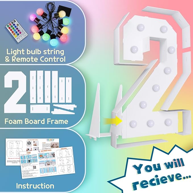 imprsv 4FT Colorful Marquee Numbers,18 Colors with Remote, Light Up Numbers 2 for 12th 21st Birthday Decorations Anniversary Party Decor, Pre-Cut Foam Board Kit, Mosaic Sign for Balloon