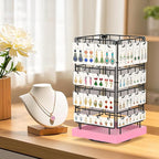 EsLuker.ly Rotating Earring Display Holder Stand for Vendors Events Selling, Large Capacity 64 Hooks Jewelry Rack with Wooden Base for Earring Card Sales, Enhances Retail Display Visibility(Pink)