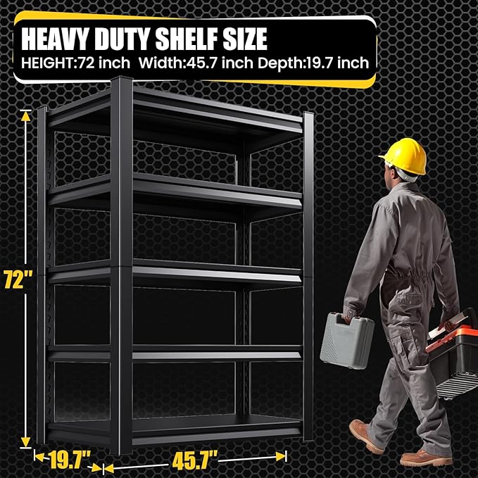 5-Tier Garage Shelving Heavy Duty, 3000LBS Metal Shelving Unit, Adjustable Garage Storage Shelves, Easy Assembly Steel Shelving, Utility Storage Rack Shelf for Warehouse,Pantry 72”H*45.7”W*20”D